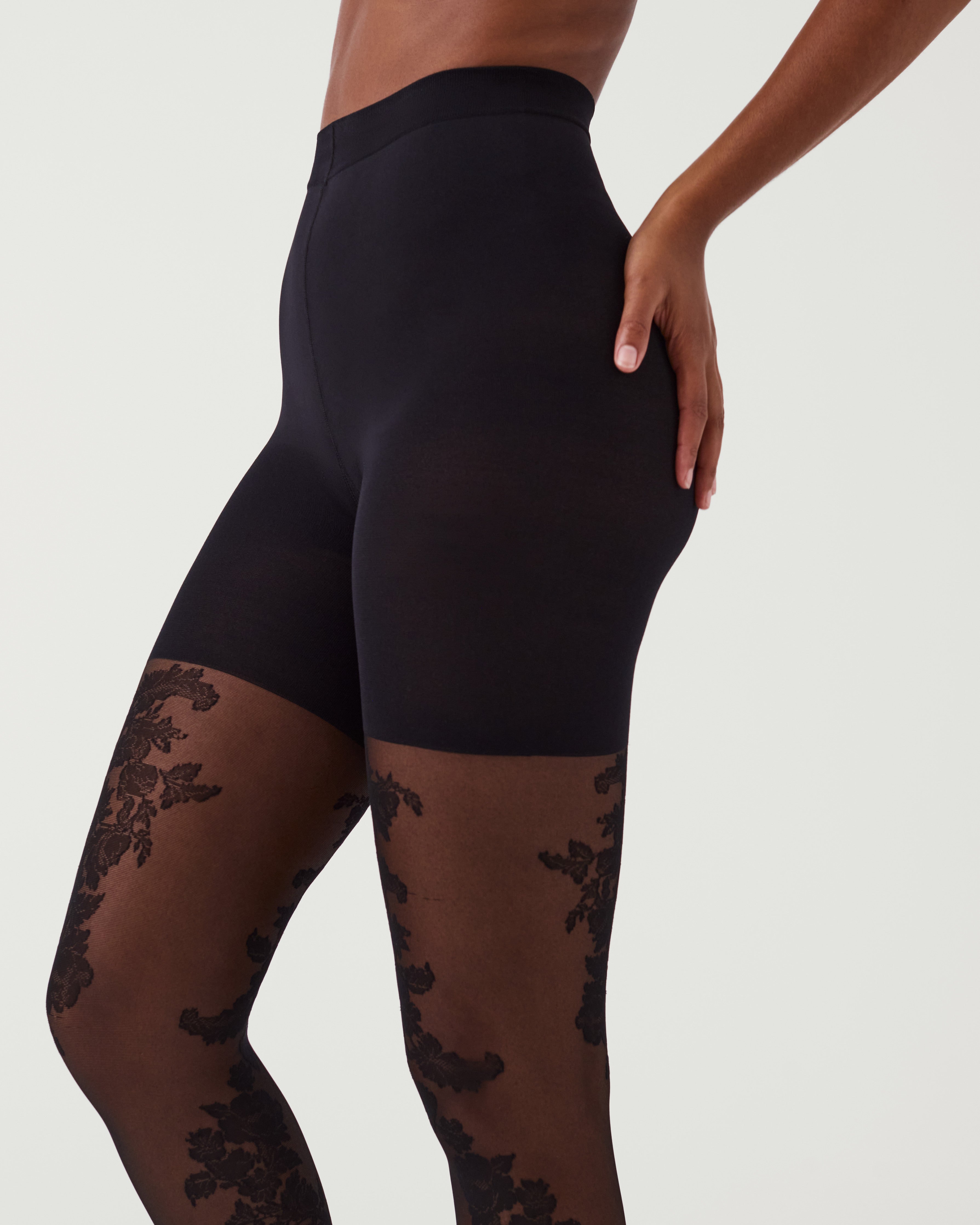 NWT $42 SPANX Size D FISHNET FLORAL MID-THIGH SHAPING TIGHTS Very Black  20180R