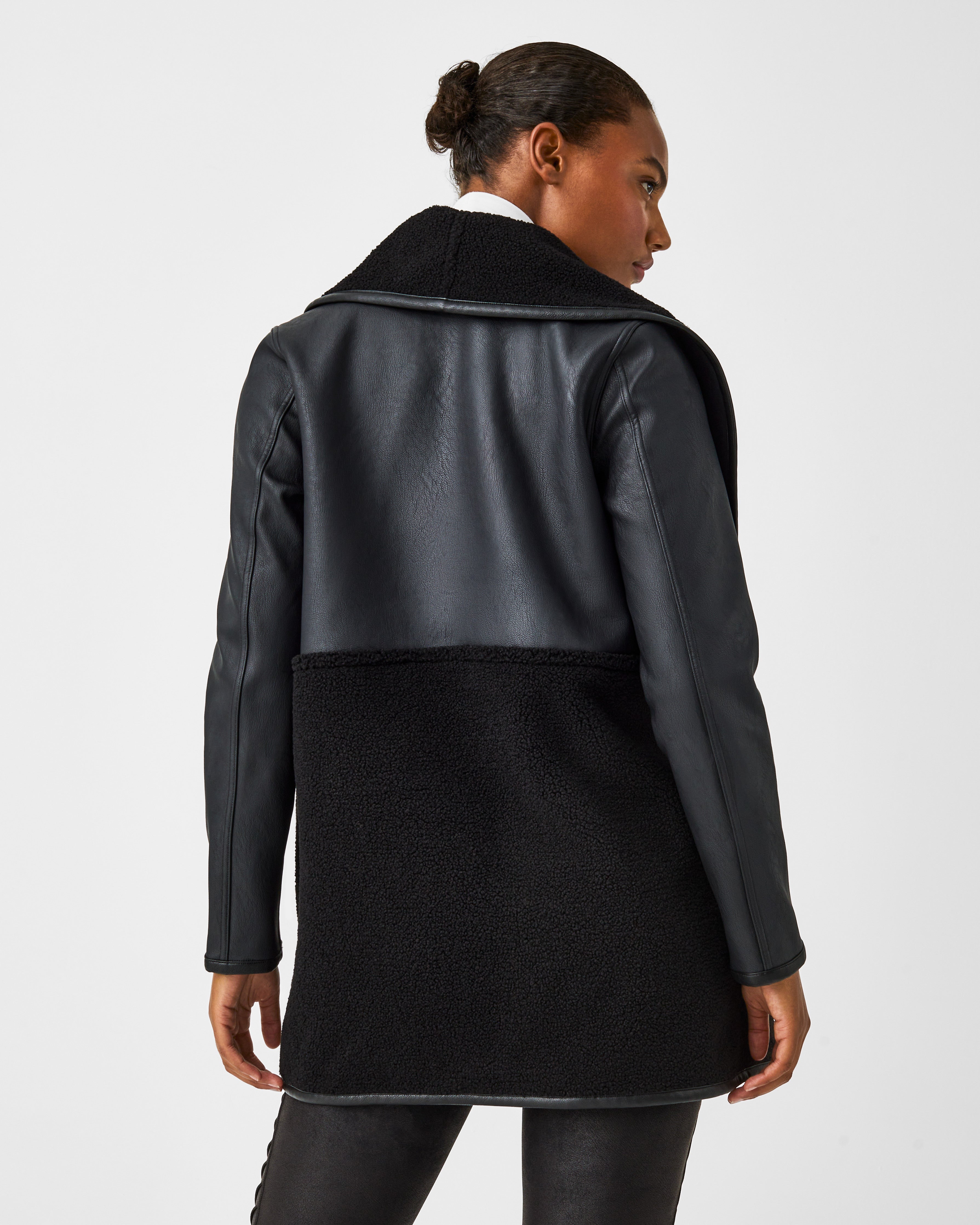 SPANX Black Faux Leather Sleeve Drape Front Jacket- Size XL – The