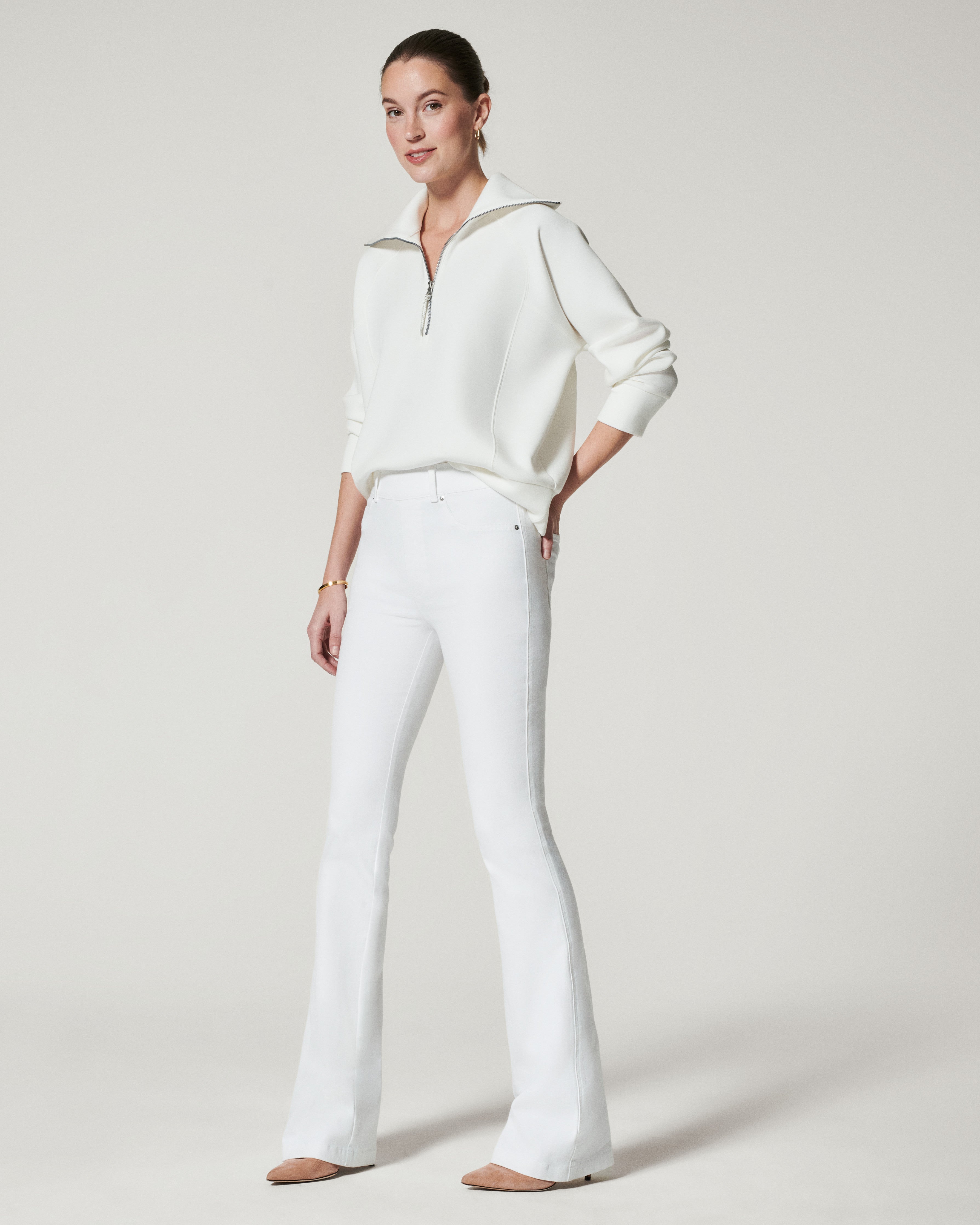 Tall Women White Bell Bottom Pants Suit Set With White Blazer