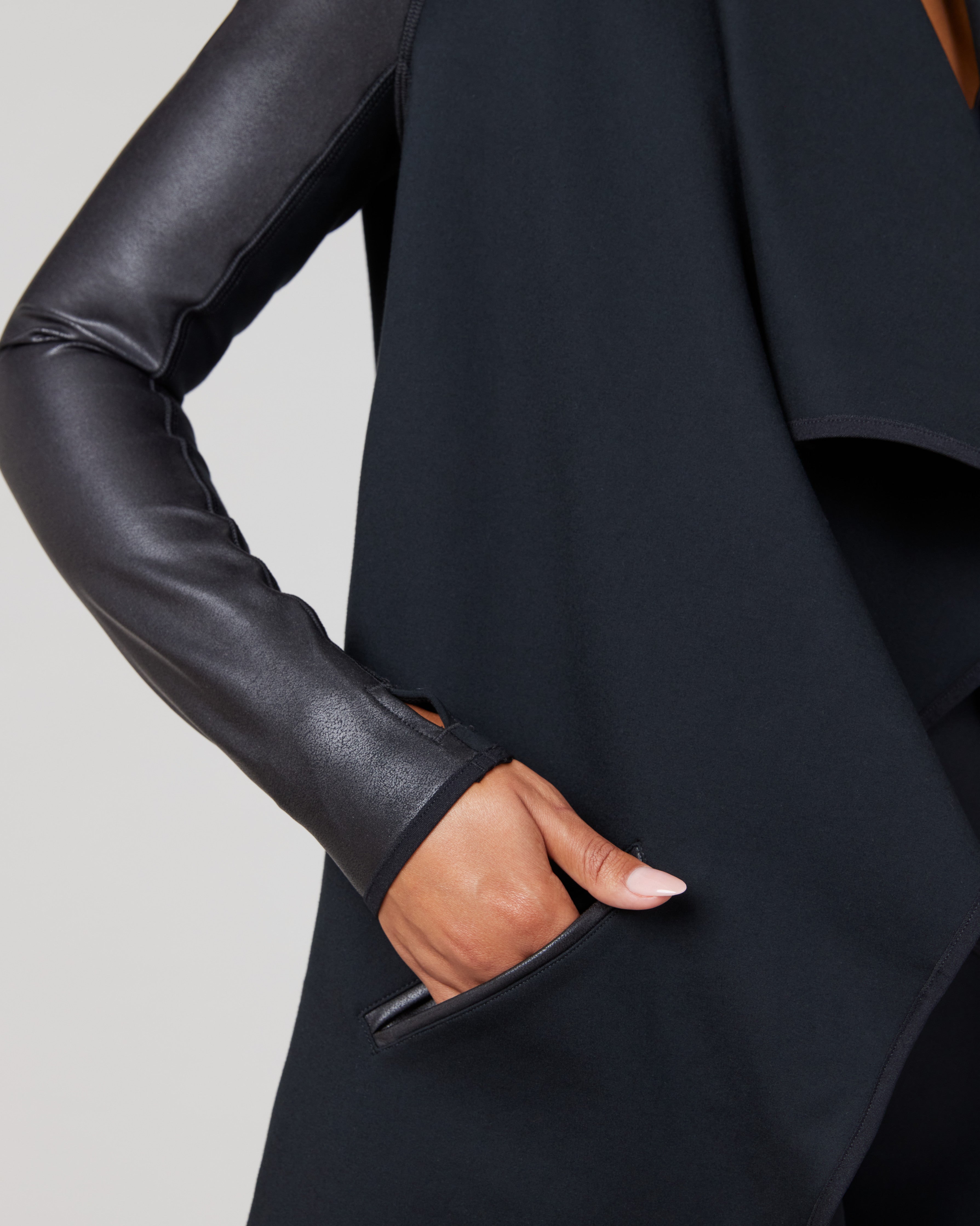 Spanx Women's Drape Front Jacket XS Faux Leather Ponte Stretch Black NWT  50176R