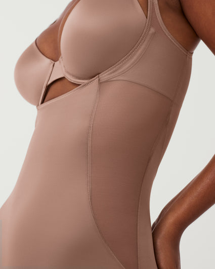 Satin Shaping Mesh Open-Bust Mid-Thigh Bodysuit