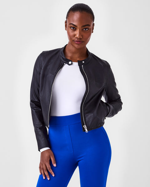 Cropped Black Spanx Women's Leather Like Moto Jacket - Jackets Masters