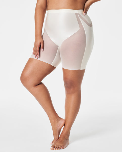 Spanx Shaping Mesh-trimmed Stretch-satin Thong Bodysuit in Natural