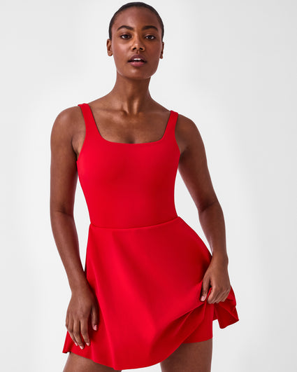 time to get up and get moving with some BOLD color this season!! my all new  bright red @spanx active fit and flare dress = the perfect
