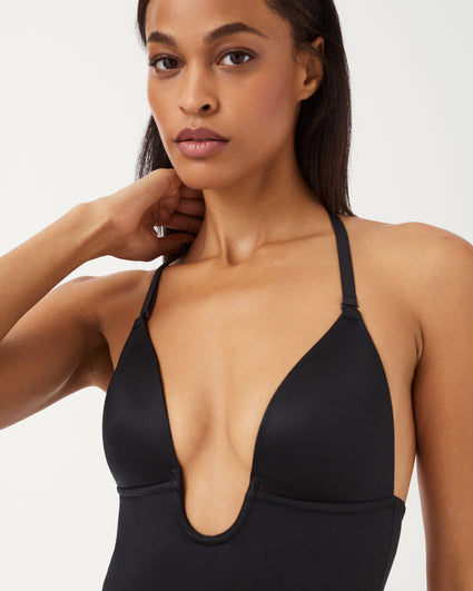 Spanx Suit Your Fancy low back thong smoothing plunge bodysuit in black