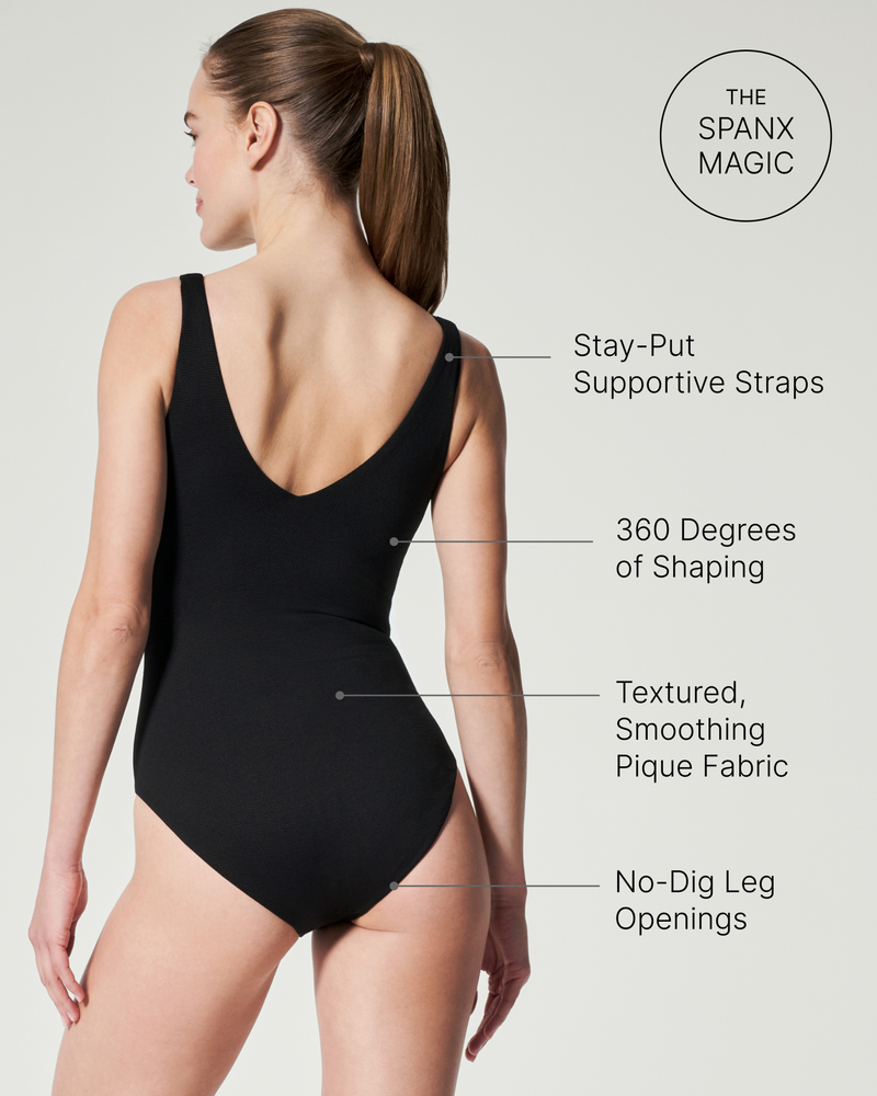 Pique Shaping Swim Plunge One Piece Swimsuit SPANX