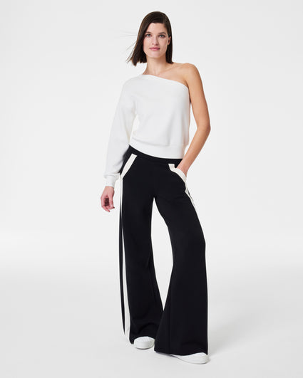 V by Very Faux Leather Seam Detail Wide Leg Trousers - Black | very.co.uk