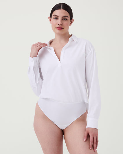 Premium Stretch Easy Care Long Sleeve Bodysuit Shirt White
