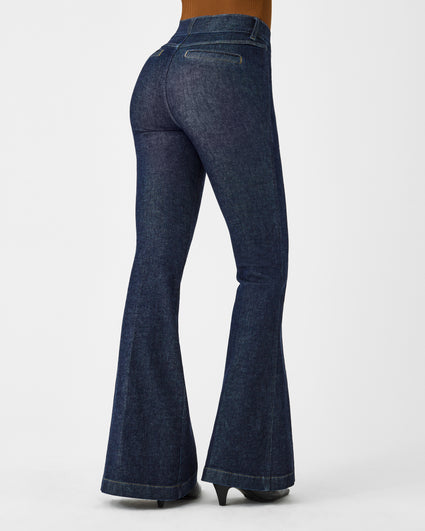 Five-pocket flared jeans with vertical pintucks and side slits in Blue