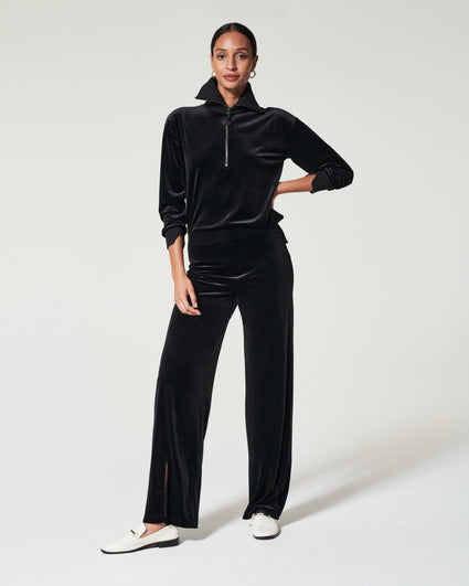 Spanx Women Very Black Velvet Half Zip Pullover Sweater